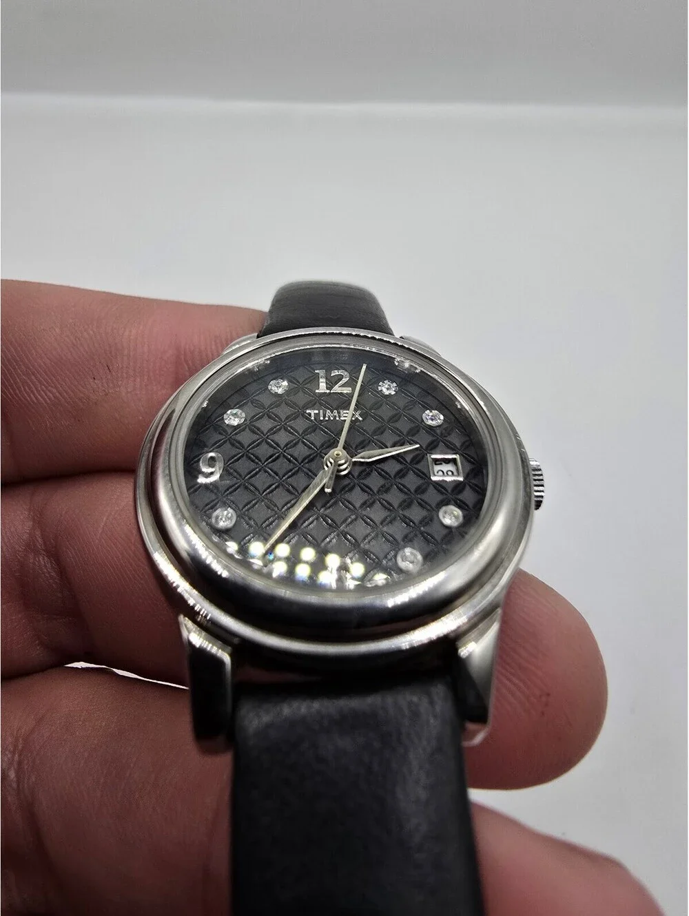 Timex Women’s Quartz Analog Watch Black Dial Date Silver Steel Black Leather